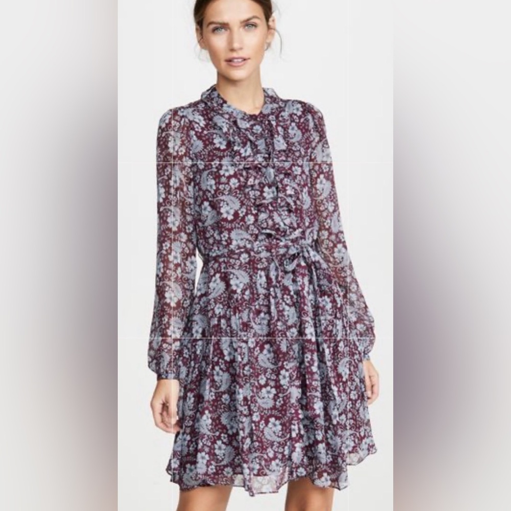 Shoshanna Maroon Chamb Blue Viscose Floral Ruffle Feminine Dress NWT 4 *No Sash*